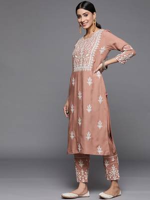 Women Beige Thread Embroidered  Cotton Kurta with Trouser and Dupatta 5