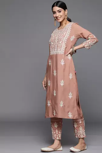 Women Beige Thread Embroidered Pure Cotton Kurta with Trouser and Dupatta
