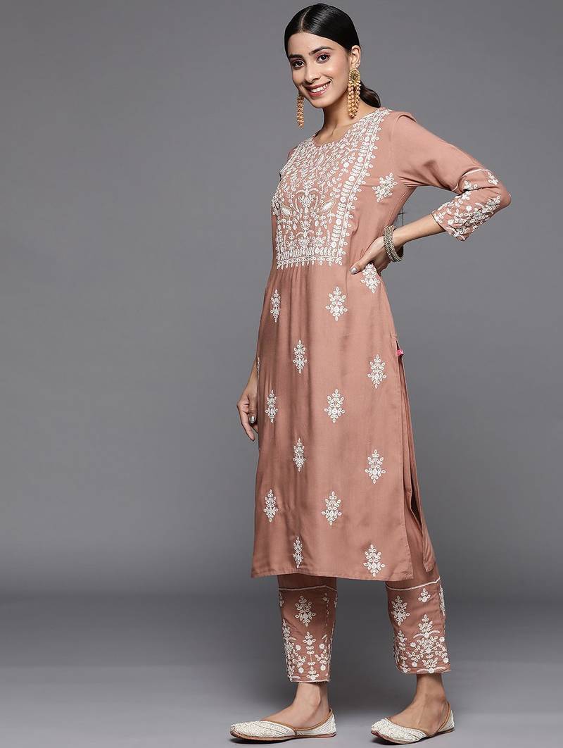 Women Beige Thread Embroidered  Cotton Kurta with Trouser and Dupatta