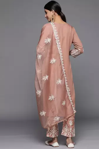 Women Beige Thread Embroidered Pure Cotton Kurta with Trouser and Dupatta