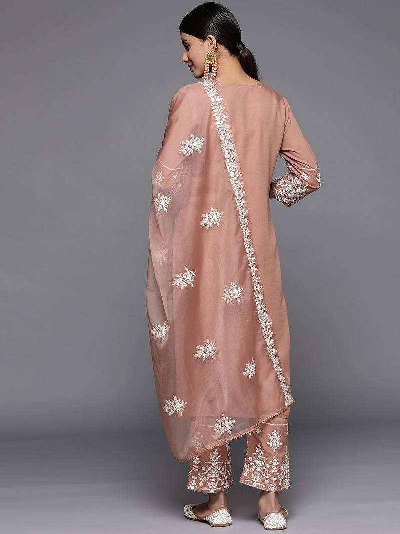 Women Beige Thread Embroidered  Cotton Kurta with Trouser and Dupatta