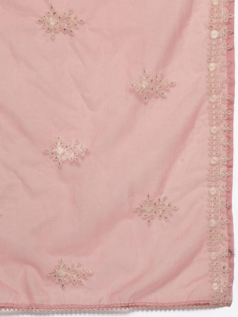 Women Beige Thread Embroidered  Cotton Kurta with Trouser and Dupatta