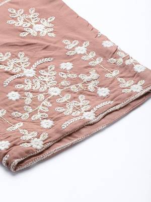 Women Beige Thread Embroidered  Cotton Kurta with Trouser and Dupatta 9
