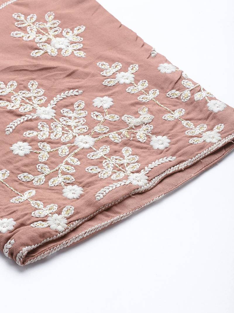 Women Beige Thread Embroidered  Cotton Kurta with Trouser and Dupatta