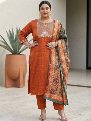 Rust & Blue Embroidered Kurta with Trousers & With Dupatta 1
