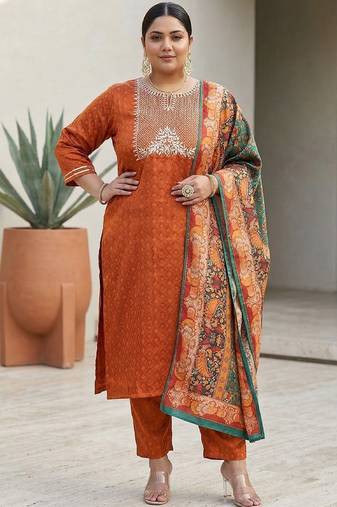 Rust & Blue Embroidered Kurta with Trousers & With Dupatta