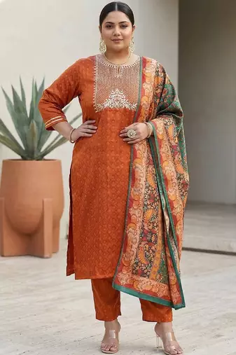 Rust & Blue Embroidered Kurta with Trousers & With Dupatta