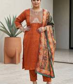 Rust & Blue Embroidered Kurta with Trousers & With Dupatta