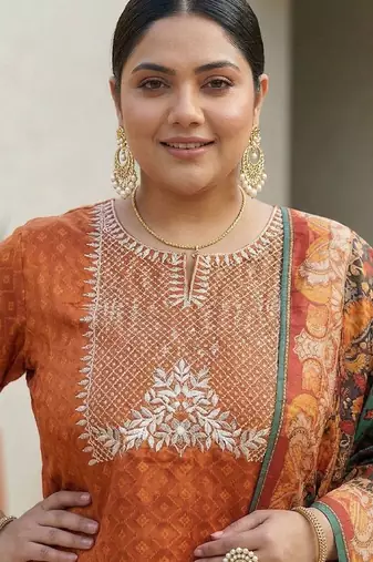 Rust & Blue Embroidered Kurta with Trousers & With Dupatta