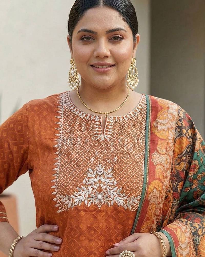 Rust & Blue Embroidered Kurta with Trousers & With Dupatta