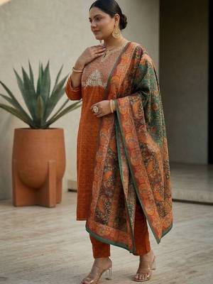 Rust & Blue Embroidered Kurta with Trousers & With Dupatta 3