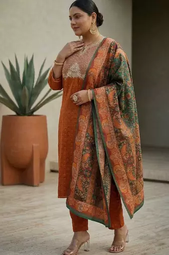 Rust & Blue Embroidered Kurta with Trousers & With Dupatta