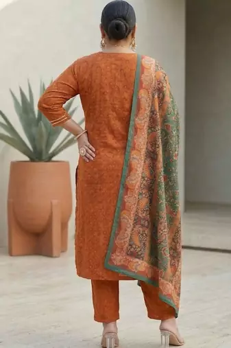 Rust & Blue Embroidered Kurta with Trousers & With Dupatta