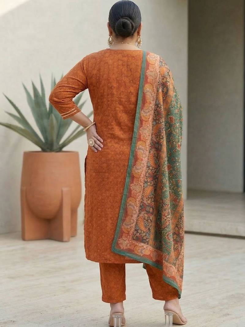 Rust & Blue Embroidered Kurta with Trousers & With Dupatta