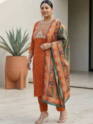 Rust & Blue Embroidered Kurta with Trousers & With Dupatta 5