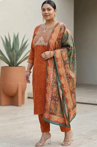Rust & Blue Embroidered Kurta with Trousers & With Dupatta