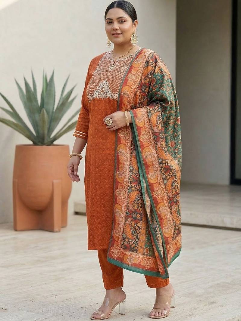 Rust & Blue Embroidered Kurta with Trousers & With Dupatta