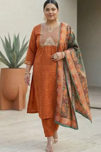 Rust & Blue Embroidered Kurta with Trousers & With Dupatta