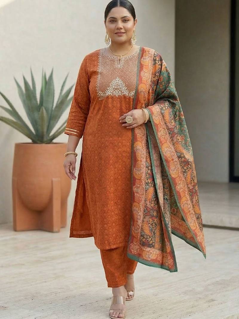Rust & Blue Embroidered Kurta with Trousers & With Dupatta