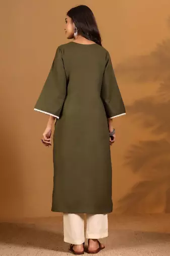 Thread Work Notch Neck Kurta With Trousers