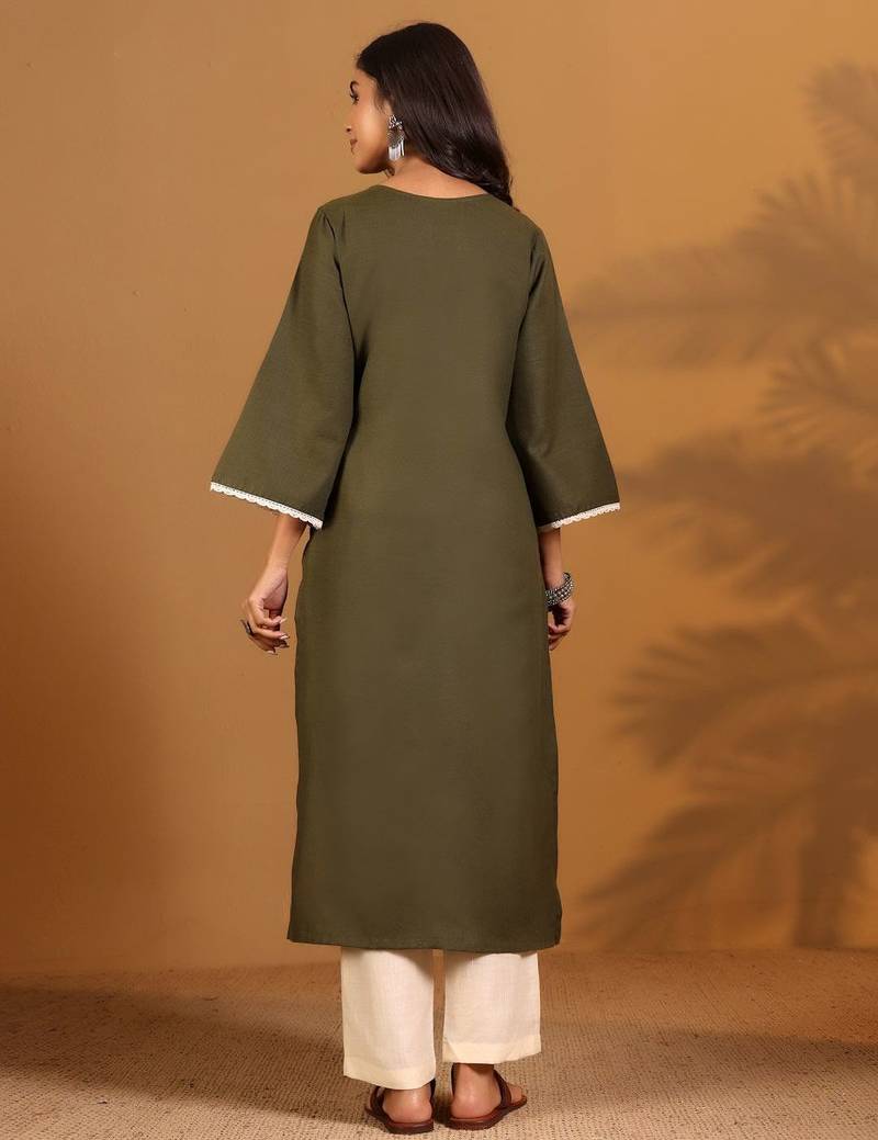 Thread Work Notch Neck Kurta With Trousers