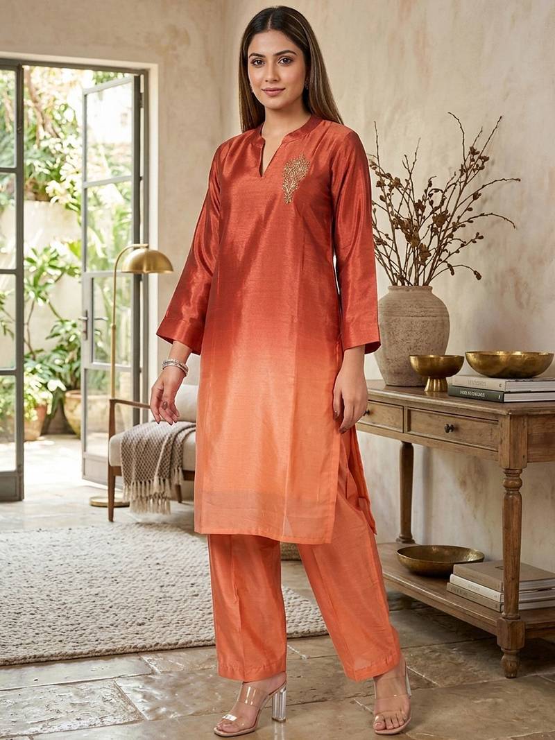 Women Ombre Dyed Regular Thread Work Kurta with Trousers