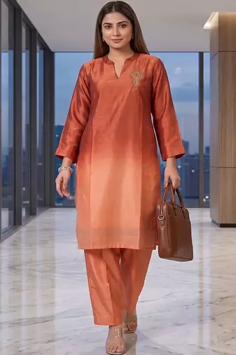 Women Ombre Dyed Regular Thread Work Kurta with Trousers