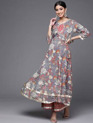 Women Grey & Pink Floral Print Angrakha Gotta Patti  Cotton Kurta with Sharara 1