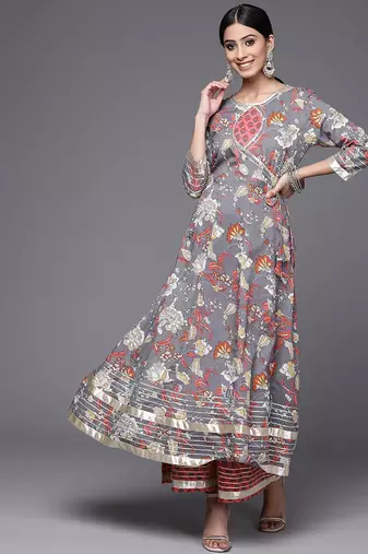 Women Grey & Pink Floral Print Angrakha Gotta Patti Pure Cotton Kurta with Sharara