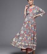 Women Grey & Pink Floral Print Angrakha Gotta Patti  Cotton Kurta with Sharara
