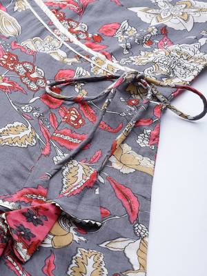 Women Grey & Pink Floral Print Angrakha Gotta Patti  Cotton Kurta with Sharara 2