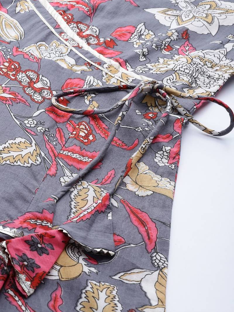 Women Grey & Pink Floral Print Angrakha Gotta Patti  Cotton Kurta with Sharara