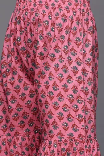 Women Grey & Pink Floral Print Angrakha Gotta Patti Pure Cotton Kurta with Sharara