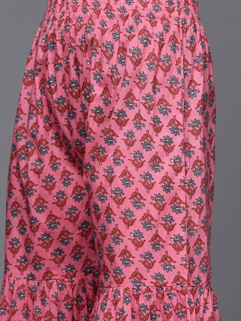 Women Grey & Pink Floral Print Angrakha Gotta Patti  Cotton Kurta with Sharara