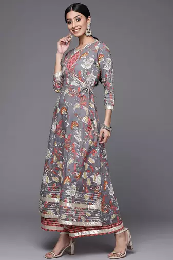Women Grey & Pink Floral Print Angrakha Gotta Patti Pure Cotton Kurta with Sharara