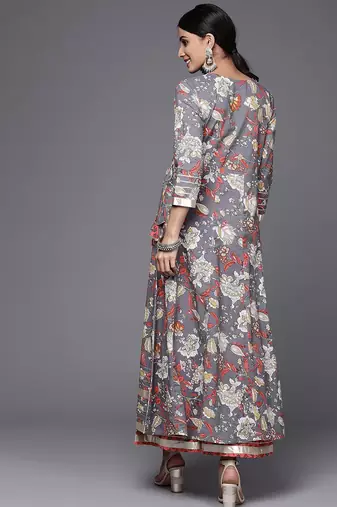 Women Grey & Pink Floral Print Angrakha Gotta Patti Pure Cotton Kurta with Sharara