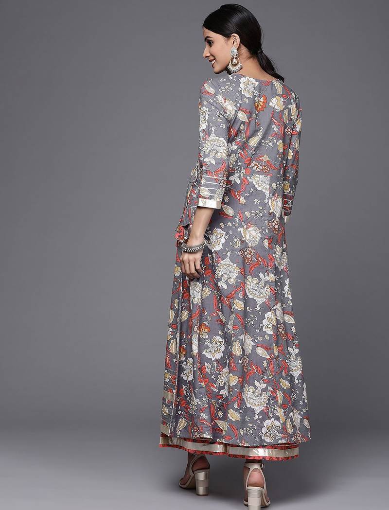 Women Grey & Pink Floral Print Angrakha Gotta Patti  Cotton Kurta with Sharara