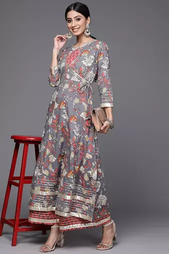 Women Grey & Pink Floral Print Angrakha Gotta Patti Pure Cotton Kurta with Sharara