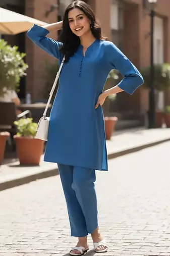 Women Pure Cotton V-Neck Puff Sleeves Kurta With Trouser