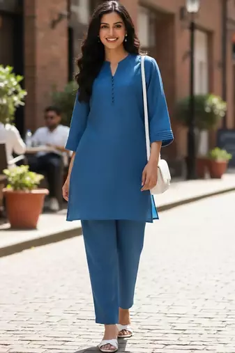Women Pure Cotton V-Neck Puff Sleeves Kurta With Trouser