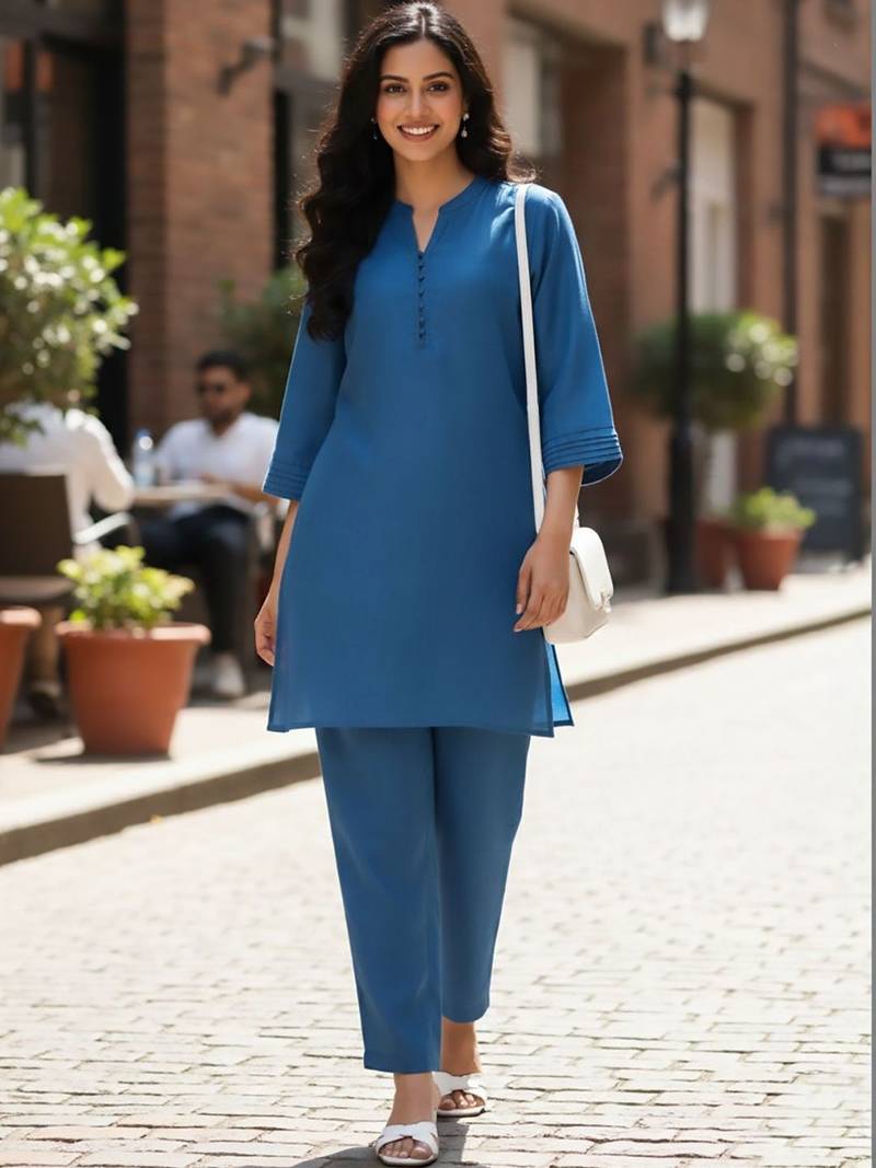 Women  Cotton V-Neck Puff Sleeves Kurta With Trouser