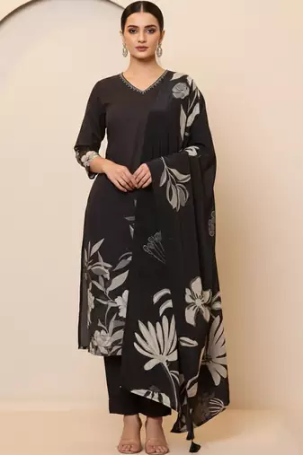 Women Floral Printed Regular Thread Work Pure Cotton Kurta with Trousers & With Dupatta
