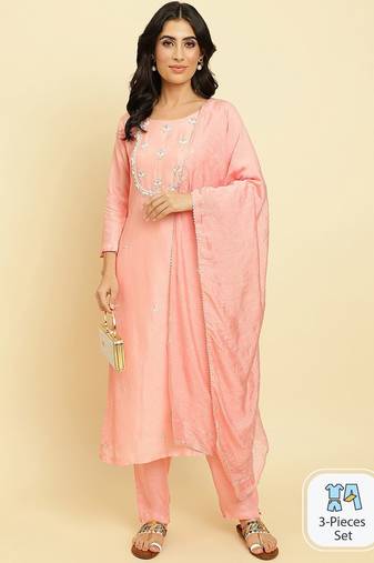 Floral Embroidered Beads & Stones Kurta With Trousers & Dupatta