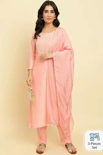 Floral Embroidered Beads & Stones Kurta With Trousers & Dupatta