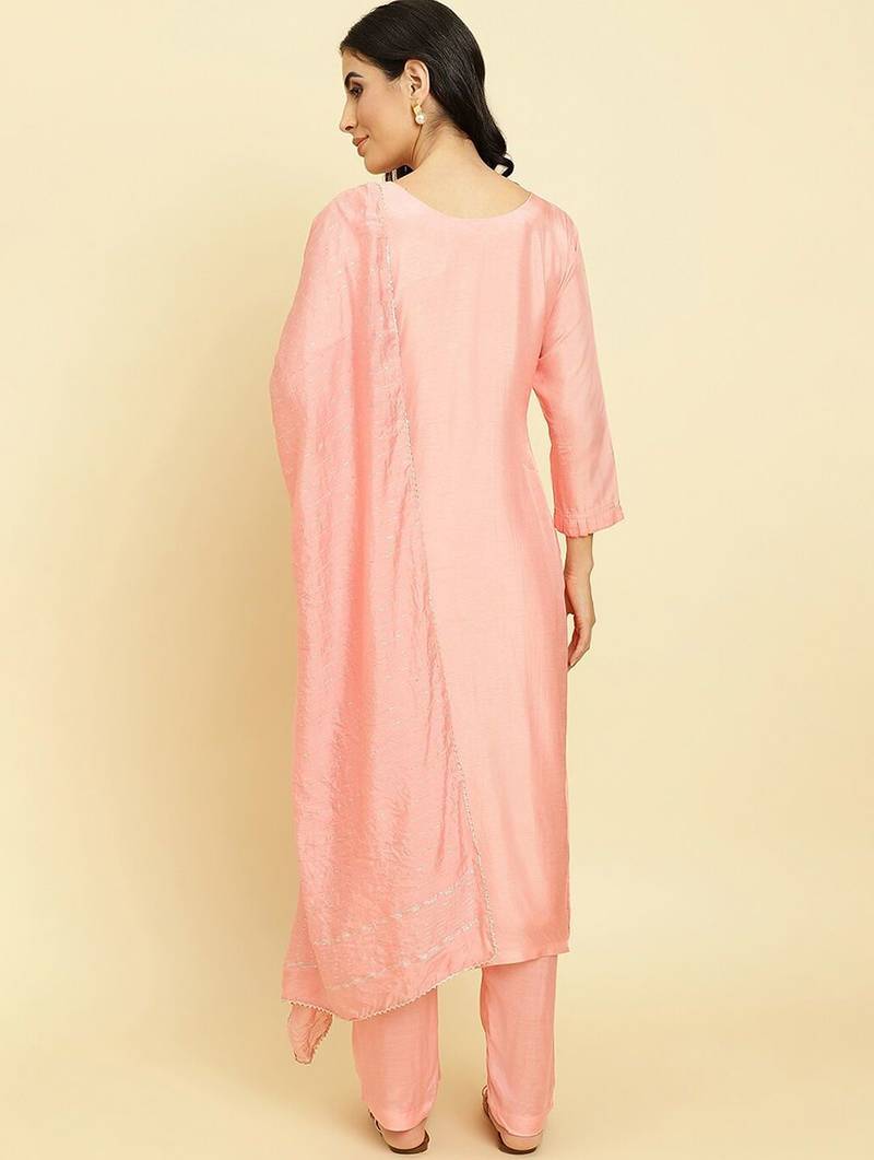 Floral Embroidered Beads & Stones Kurta With Trousers & Dupatta