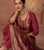 Floral Embroidered Thread Work Straight Kurta With Trousers And Dupatta