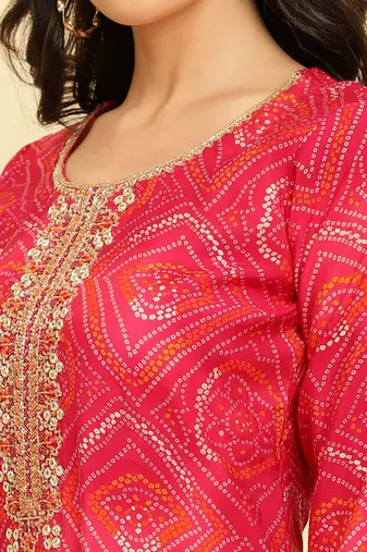 Bandhani Printed Beads & Stones Kurta With Trousers & Dupatta