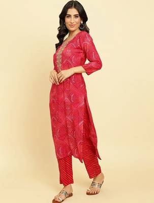 Bandhani Printed Beads & Stones Kurta With Trousers & Dupatta 5