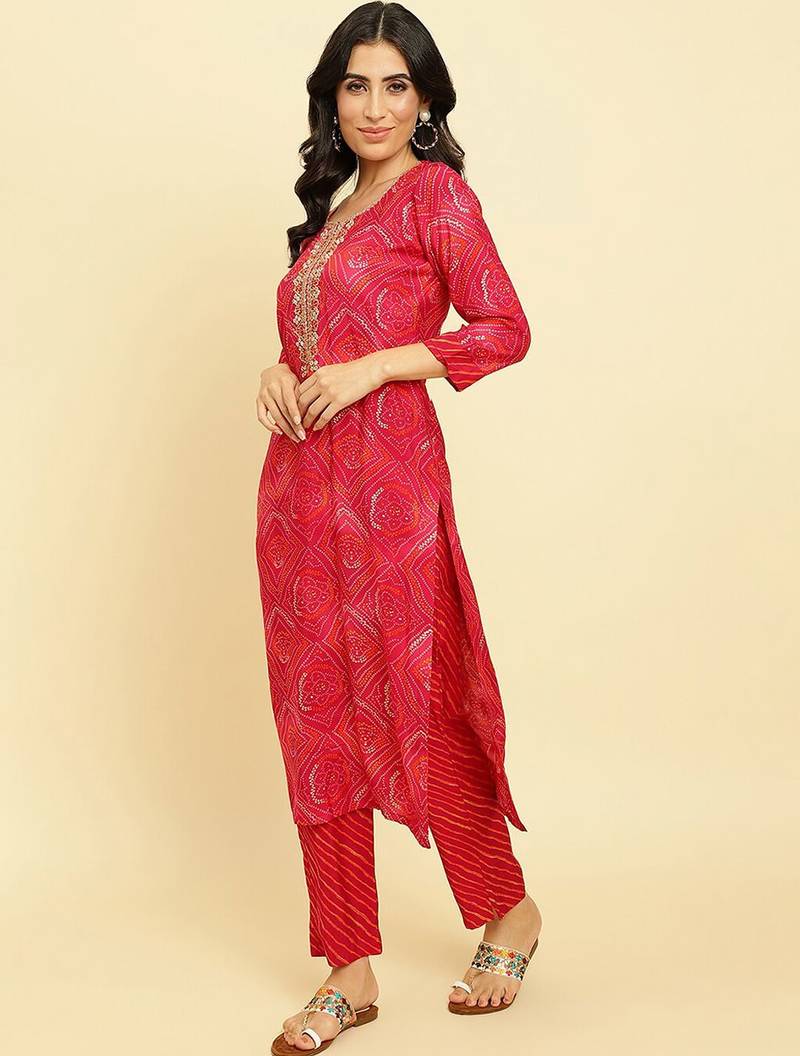 Bandhani Printed Beads & Stones Kurta With Trousers & Dupatta