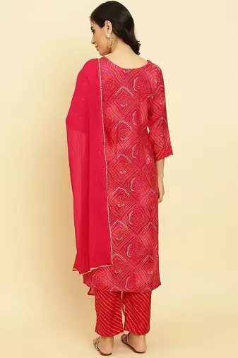 Bandhani Printed Beads & Stones Kurta With Trousers & Dupatta